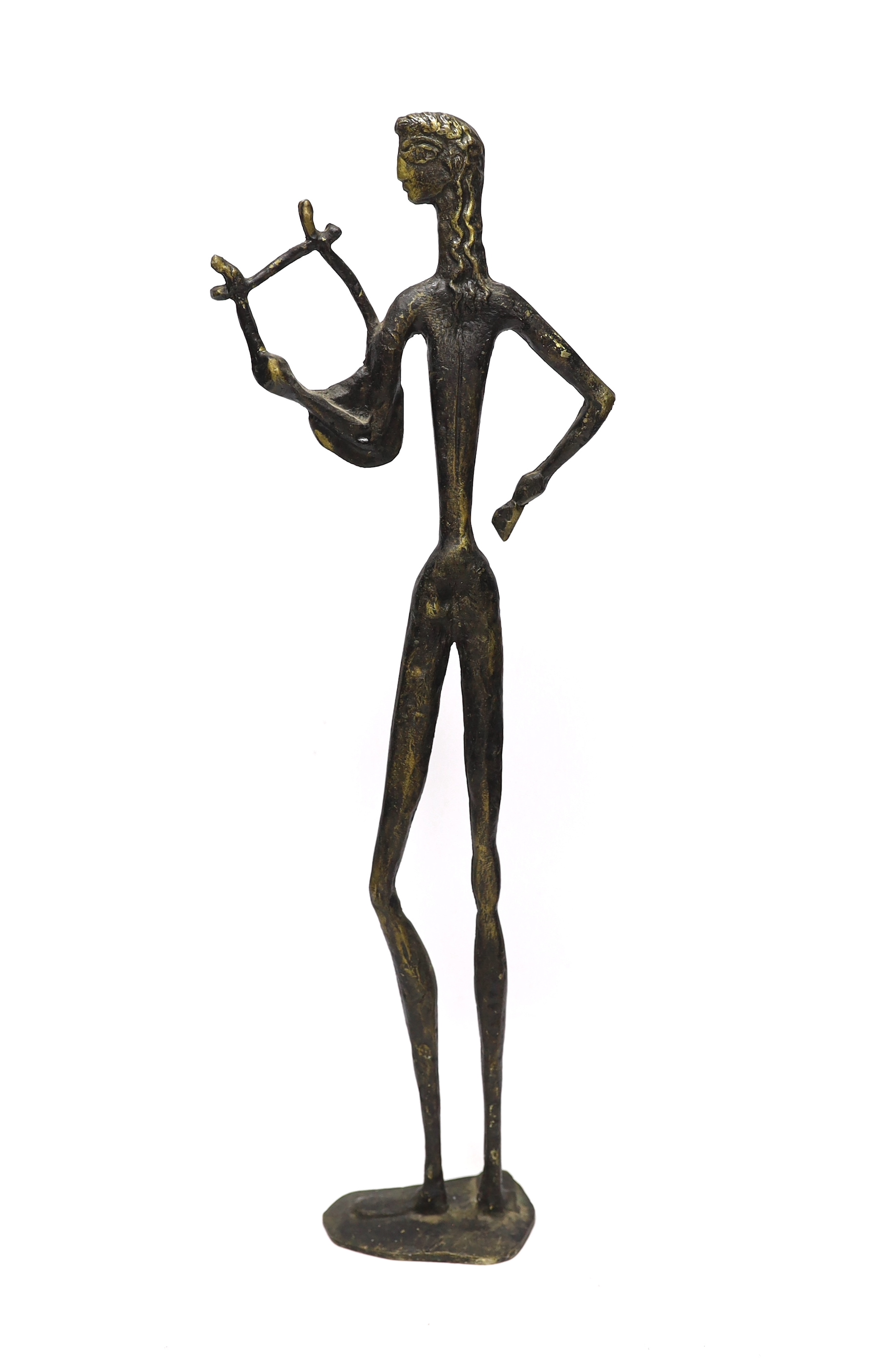 A bronzed figure of a stylised male, 54cm high